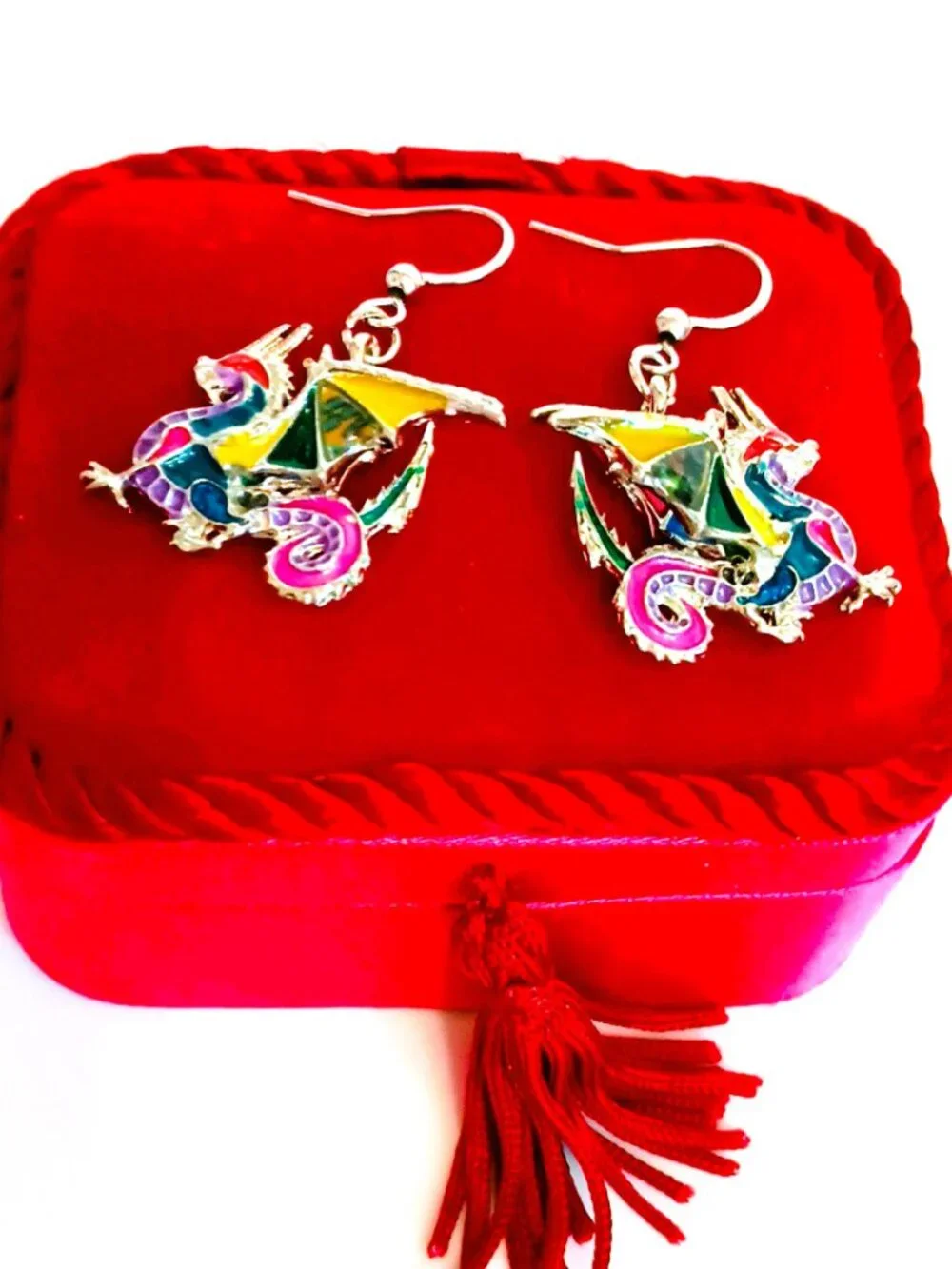 Bonsny Dragon Enamel Dangle Earrings Colorful 3D Silver Tone Wire Drop Jewelry